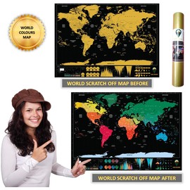 Global Walkabout Scratch Off Map with colours background – Deluxe Travel Size World Map Poster – Countries and Facts – Travel Gift (Black)