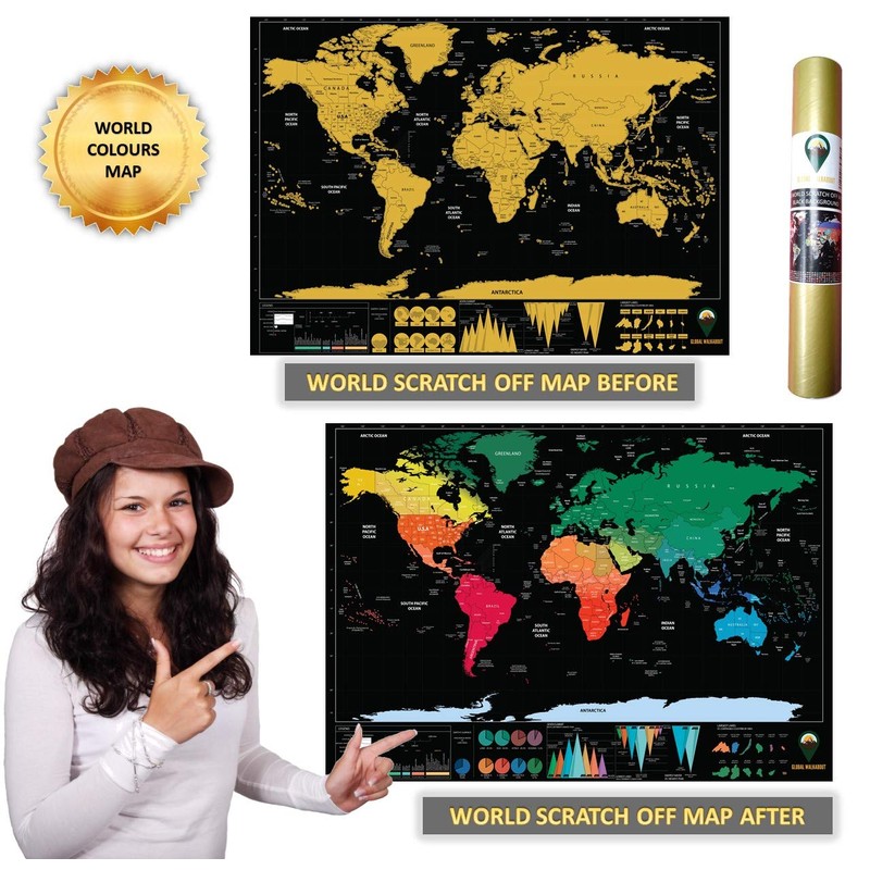 Global Walkabout Scratch Off Map with colours background – Deluxe