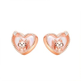 Love Heart Cat Stud Earrings 925 Sterling Silver Rose Gold Plated CZ Crystal Cute Animal Pet Cat Cartilage Earrings Statement Studs Piercing for Women