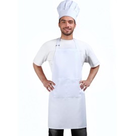 ROLOSI White Chef Custom for Adult, Adjustable Chef Apron & Hat with Pocket for Kictchen, Cooking, BBQ, Chef Outfit for Men and Women