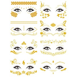 8 Sheets Face Temporary Tattoo Stickers - Gold Glitter Metallic Water Transfer Tattoos for Professional Makeup, Dancer Costumes, and Face Freckle Designs