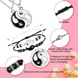Set of 4 Yin Yang Necklace Bracelet Set Yin Yang Couple Bracelet Cord Couple Puzzle Pendant Necklace Chain Adjustable Cord BFF Partner Bracelet Friendship Chains for Boyfriend Girlfriend, Stainless