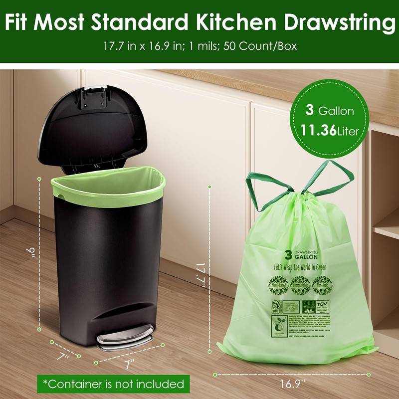 3 Gallon Compostable Trash Bags with Drawstring, Heavy Duty Extra