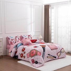 Aimuan Fashion Girl Comforter Sets Cosmetic Perfume Bag Lipstick Diva Pink Quilt Set Nail Polish Pattern Decorative Quilted 6 Pcs Makeup Bedding Set with 2 Pillowcases (Pink, Full 6Pcs)