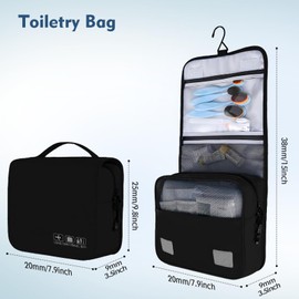 Playexen Hanging Travel Toiletry Bag, Foldable Waterproof Travel Organizer Bag for Women Men, Portable Toiletries Wash Bag with 4 Compartments & Hanging Hook (Black)