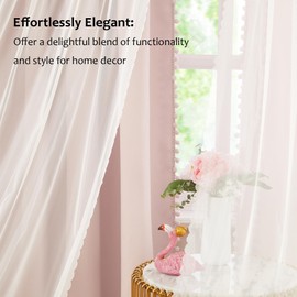 Pink Blackout Curtains with Sheer Overlay for Bedroom, Mix & Match Double Layer Pom Pom Curtains for Girl Nursery, Living Room, Rod Pocket Thermal Insulated Window Panels with Tiebacks 52W X 84L, 2pcs