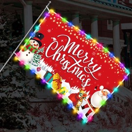 FuWeave Merry Christmas Flag with LED Light 3x5 FT Double Sided Xmas Flags Winter Santa Snowman Yard Flag Holiday Gift Banner for Home Party Garden Yard Indoor Outdoor Decoration