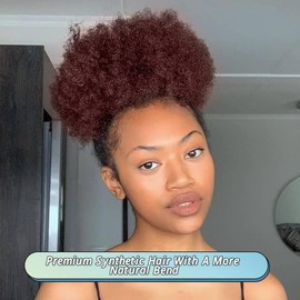 ISWEET Afro Puff Drawstring Ponytail, Curly Afro Bun Extensions Synthetic Ombre Red Hair, Short Afro Hairpieces Updo hair for Black Women (#T1B99J)