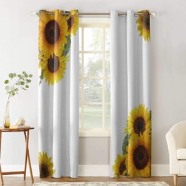 T&H Home Draperies & Curtains Set, Sunflower Curtain by, Simple Fresh Design White Background Window Curtain, 2 Panels Curtain for Sliding Glass Door Patio Door Bedroom Living Room, 80" W by 63" L