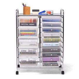 Moccha 15-Tier Drawer Storage Cart, Rolling Storage Cart with 4 Wheels, Drawer Storage Organizer, Suitable for Cosmetics, File, Office Supply, Perfect for Home and Studio (Clear)