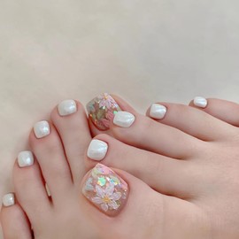 BABALAL Press on Toe Nails Pearl White Chrome Fake Toenails with Flower Design Acrylic False Toenails 24Pcs Thick Stick on for Women Girls Summer Diy Full Cover Gel Tip Art