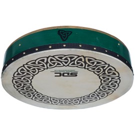 DEURA GREEN BODHRAN DRUM Irish Celtic 18 Inch Free CASE and 2 Tipper, Celtic Circle Design on Head and Wooden Body.