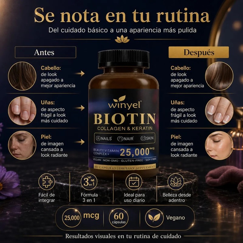 Biotina Alta Potencia 25000 Mcg Cabello Uñas Piel 60 Cáps