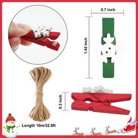 joycraft 50pcs Christmas Clips, 1.4 Inch Snowflake Photo Clips, Red and Green Wooden Clothespins with String, Mini Wooden Pegs Decorative Clothespins for Christmas Hanging Photos and Party Decoration