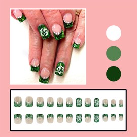 LBPEPAMZ 24Pcs St. Patrick's Day Press on Nails Short Square Fake Nails with Shamrock Design Green Glitter French Tips False Nails White Spots Full Cover Glossy Stick on Nails for Women Manicure Decor