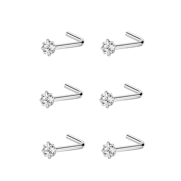 6pcs 20g 2.5mm Nose Rings Studs for Women Square Clear