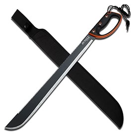 Jungle Master – Machete w/ Reverse Serrations – Black/Satin Blade, Full Tang, Black/Orange Rubberized Nylon Fiber Handle, Nylon Sheath, Outdoor, Hunt, Camp, Hike, Survival, JM-024L