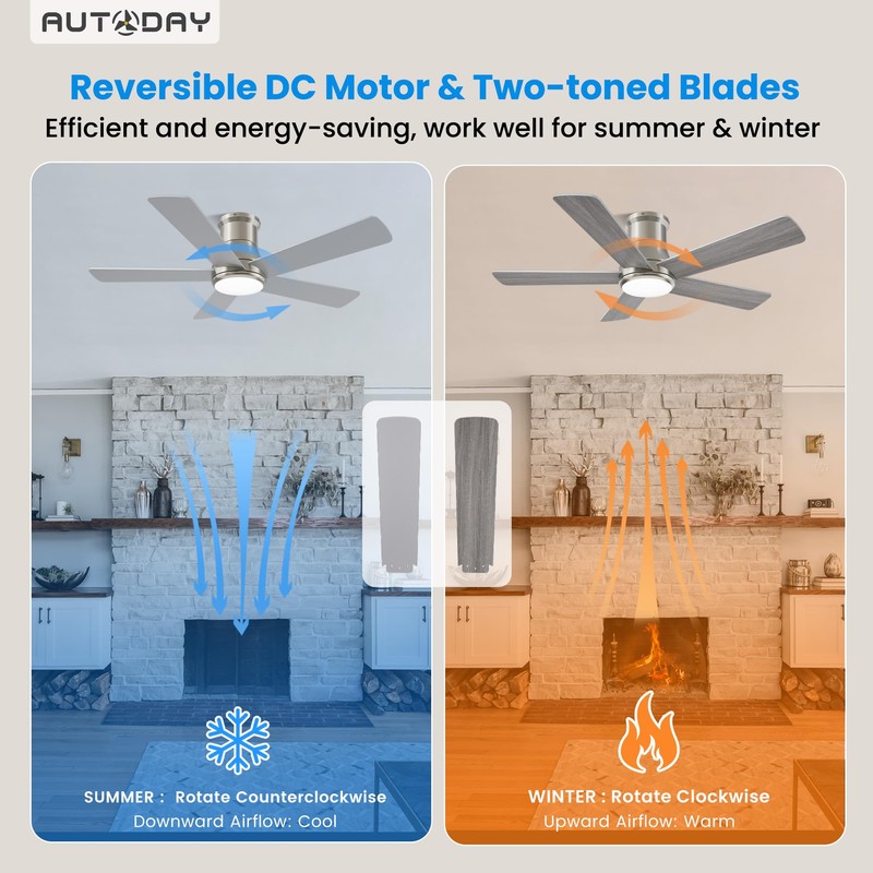 Autoday 42 Inch Low Profile Ceiling Fan with Light, Burshed