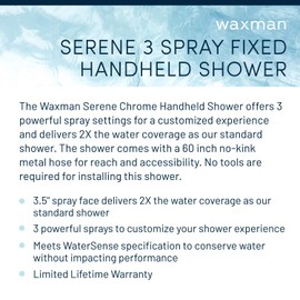 Aqua Vista 3.5-in. Polished Handheld Shower Head with 3 Spray Settings 8333511, Hand Held Shower Head with Long Hose Works as Spa Shower Head and Massage Shower Head, High Pressure Shower Head