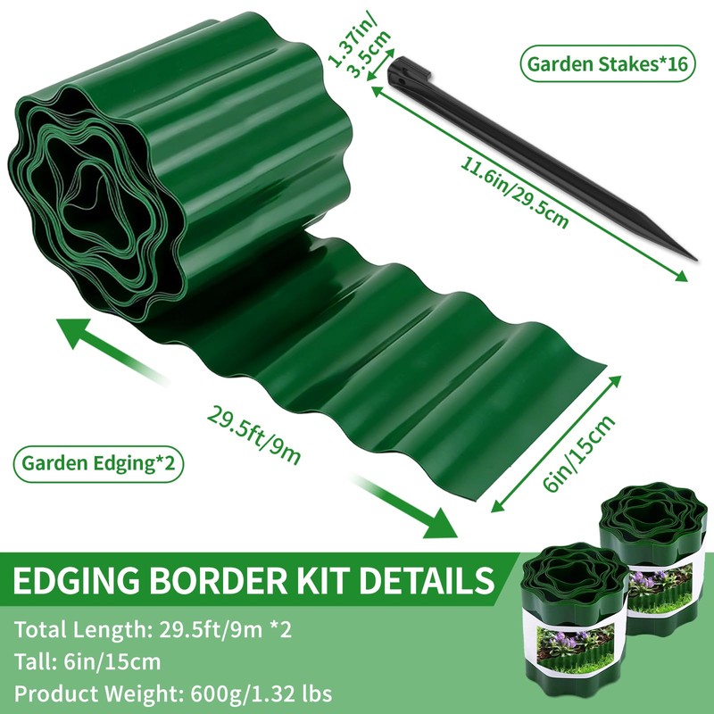SHAOKAOLU 59FT Landscape Edging, 6" Tall Plastic Landscape Border w/Stakes