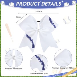 8 PCS Softball Bows 8" Softball Cheer Bows Bulk Hair Bows Cheerleading Sports Cheerleader Ponytail Holder Softball Accessories for Girls College Competition White