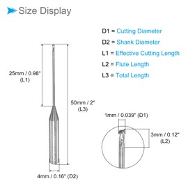 CoCud Square Nose End Mill, 1mm x 25mm Cutting, Long Reach Carbide 2 Flutes CNC Router Bits - (Applications: for Aluminum Copper Metal Plastic Wood)