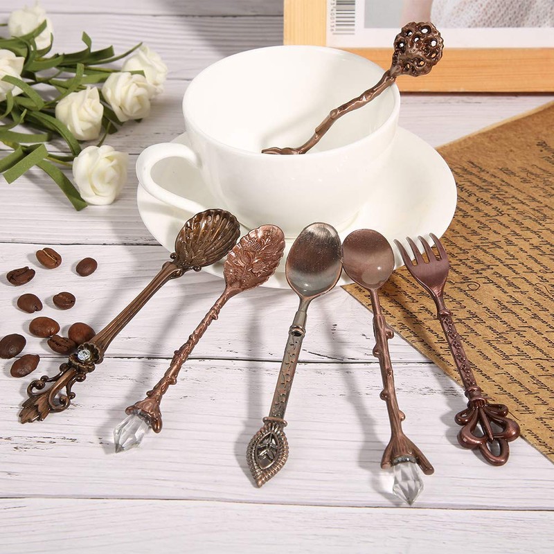 6 Pcs/Set Vintage Carved Coffee Spoons Teaspoons Retro Zinc Alloy