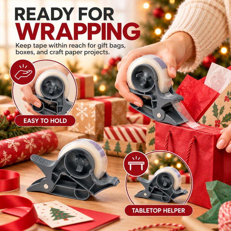 2-Piece Tape Dispenser Clips for Gift Wrapping – Gray ABS