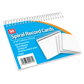 Spiral Ruled Record Cards, 6 x 4 inch (152 x 101 mm), White, 50-Pack