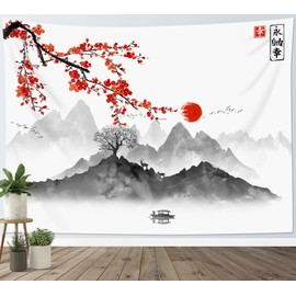 LB Japanese Wall Towel Red Cherry Blossom and Sun Wall Hanging Grey Black Mountain Tapestry for Living Room Bedroom Dorm Wall Decoration 200 x 150 cm