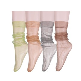 Benefeet Sox Womens Girls Sheer Mesh Decorated Tulle Socks Novelty Slouch Socks See Through Nylon Lace Loose Socks (4 Pair-Ruffle)