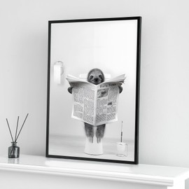 Cute Newspaper Animal Wall Art Black and White Canvas Printed Cabin Bathroom Decoration Bath Wall Picture Frameless (Tree Motter, 1 Piece, 20 x 30 cm)