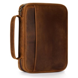 Carpetene Genuine Leather Bible Cover Cowhide Bible Case for Men Women Church Bag Protective Book Holder with Double Zippers Full Grain Leather Portfolio Organizer Bible Carrying Case with Handle