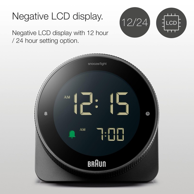 Braun Digital Alarm Clock with Snooze, Negative LCD Display, Rotating