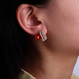 Cybche Vintage Red Gemstone Earrings Ruby Crystal Earrings Crystal Ruby Stud Earrings Red Gem Square Earrings Gold Rhinestones Wedding Earrings Jewelry for Women