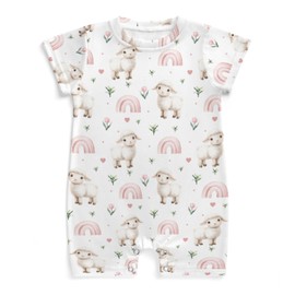 Wicbfdfv Cute Lamb Tulips Rainbow Pink Baby Romper Sheep Floral Leaves One-Piece Farm Animal Jumpsuits Sheep 9-12M