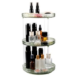 Runivor 360 Clear Rotating Makeup Organize for Vanity,3 Tiers Lazy Susan with diamond pattern, Large-Capacity Skincare Organizers Cosmetic Display Case Organizer for Dresser (Vintage Green, 3Tiers)