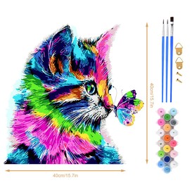 OSDUE Painting by Numbers Kits, DIY Hand Painted Oil Painting Kit for Children, Beginners and Adults, Digital DIY Oil Painting Set with 3 Brushes and Acrylic Paint, 40 x 40 cm, Without Frame, Cat