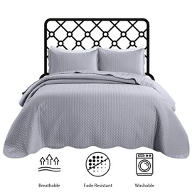 IR Imperial Rooms Queen Quilt Bedding Set Size (90" x 96") + 2 Pillow Shams (20" x 26"+ 2") - 3 Pcs Summer Season Lightweight Reversible Microfiber Coverlet Embossed Quilt Bedspread (Silver)