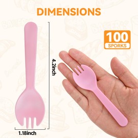 Cofimkate 100Pcs Mini Pink Plastic Spork, 4.2 Inch Individually Wrapped Disposable Cutlery, Small Fork Spoon Combo for Desserts, Ice Cream, Cakes, Fruit, To-Go & Party Use