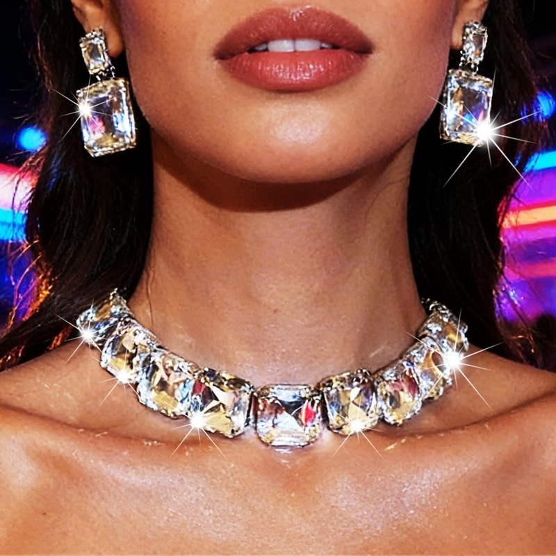 Zoestar Sparkly Crystal Jewelry Set Silver Rhinestone Necklace Earrings Set