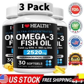 I LOVE HEALTH 3 PACK Highest Potency Omega 3 Fish Oil Supplements 3x Strength 2520mg EPA & DHA