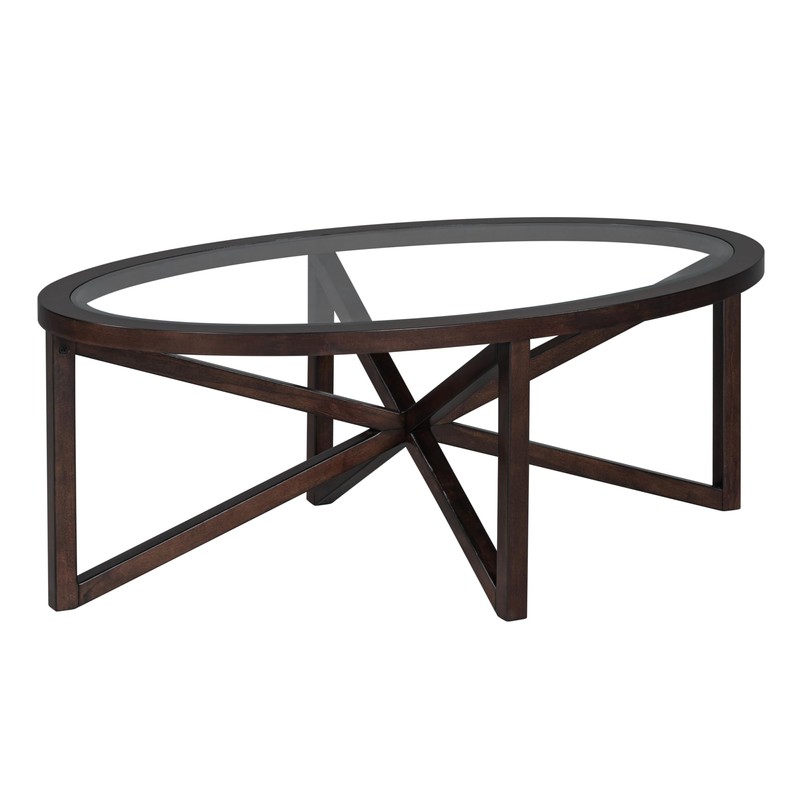 Polibi Modern Oval Glass Coffee Table, Solid Wood Base Tempered