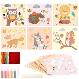 MONCAP 12pcs Autumn Animal Craft Kits Sand Painting Pictures Foil Arts 2 in 1 Set for Kids Hedgehog Squirrel Fox Owl Fall Painting Mess Free DIY Art Travel Games Party Favor Decor