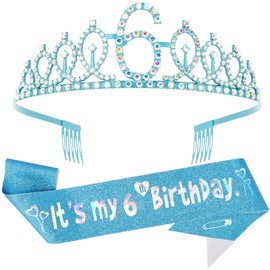 FASOTY 6th Birthday Decorations for Girl，Including 6th Birthday Sash and Crown Tiara，Blue Glitter with Silver Foil Sash and Crown for Girls Funny Party Favor Supplies