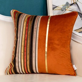 Yangest Orange Striped Patchwork Throw Pillow Cover Gold Leather Cushion Cover Zippered Pillowcase for Sofa Couch Bedroom Living Room Home Decoration,20x20 Inch