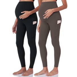 POSHDIVAH 2Pcs Women's Maternity Workout Leggings Over The Belly Pregnancy Yoga Pants with Pockets Soft Active Wear Work Pants Black Brown Small