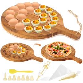 Reversible Wood Deviled Egg Platter Charcuterie Board, 24 Slots Deviled Egg Tray with Injector Piping Tool Silicone Spatula Piping Bag for Easter Party Essentials (16.7''x12.6''x0.78''. 24 Slots)