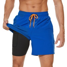 Arcweg Mens Swim Trunks with Compression Liner 2 in 1 Beach Swimming Trunks Quick Dry Swim Shorts with Zipper Pockets Dark Blue