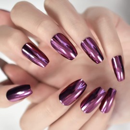 LINSSQ Metallic Mirror Nails Grape Purple Press on Nails Medium Length Coffin False Nails Salon Manicure Kits Reusable Fake Nails Art Tips DIY Fingernails for Daily Party